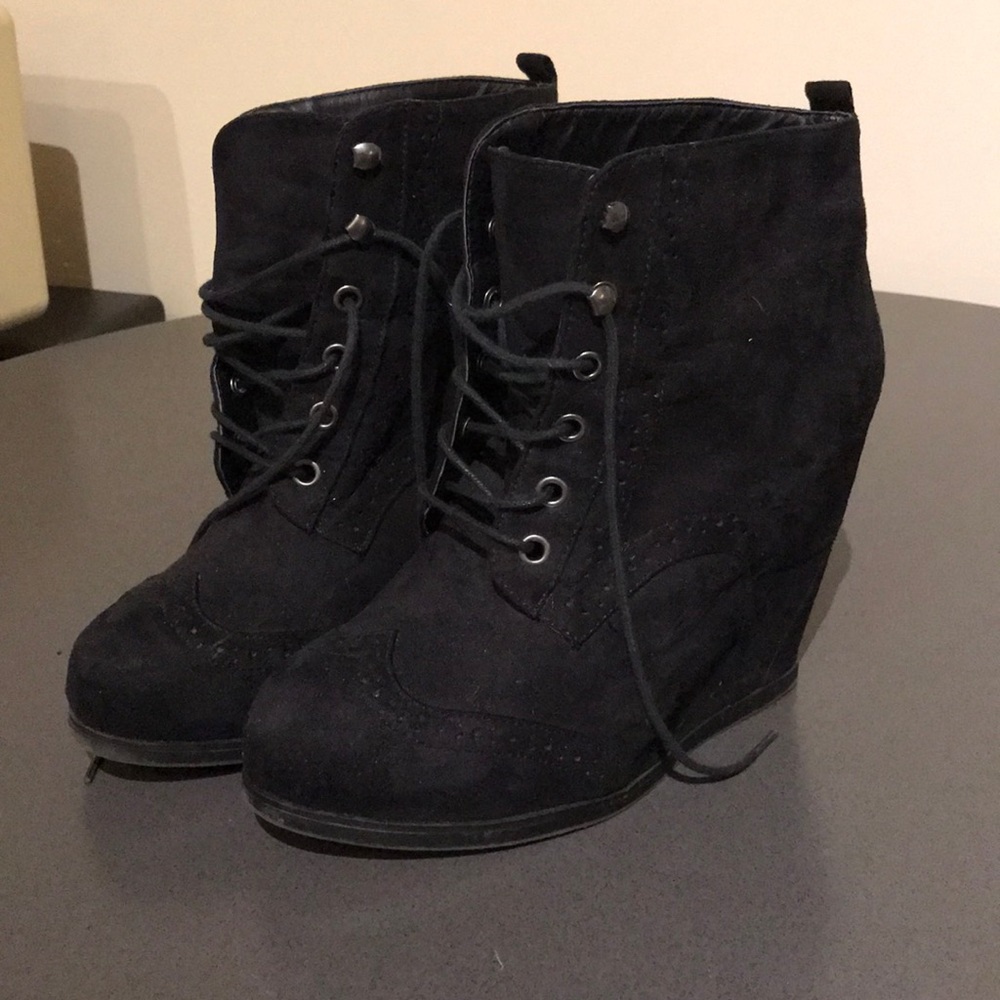 Black Lace-Up Wedge Booties